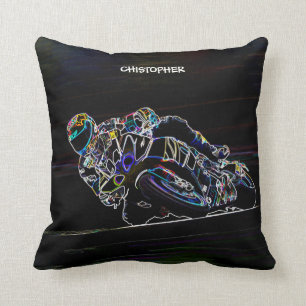 Glowing Motorcycle Rider Circle Racing Sketch Cushion