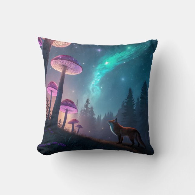 Glowing Mushroom Forest Fox Fantasy Art Cushion (Front)
