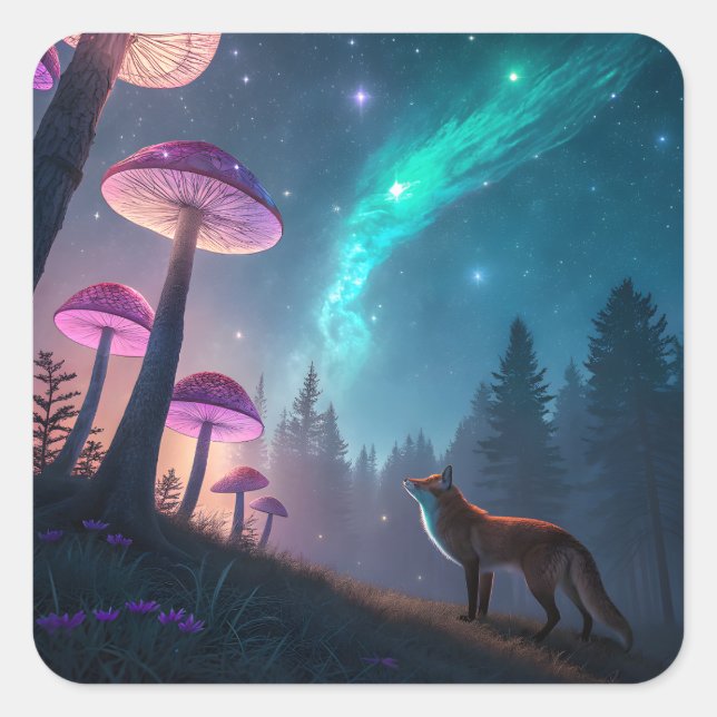 Glowing Mushroom Forest Fox Fantasy Art Square Sticker (Front)