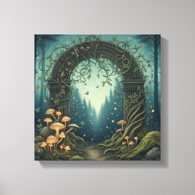 Glowing Mushroom Portal in Indigo Twilight Forest Canvas Print (Front)