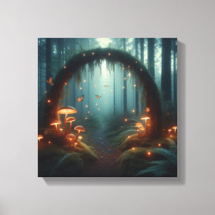 Glowing Mushroom Portal in Misty Twilight Forest Canvas Print