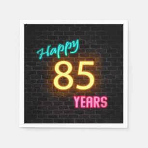 glowing neon 85 sign on brick wall napkin