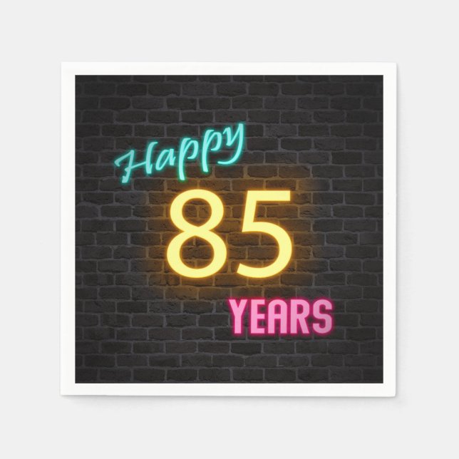 glowing neon 85 sign on brick wall napkin (Front)