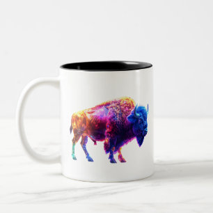 Glowing Neon Bison – Futuristic Wildlife Art with Two-Tone Coffee Mug