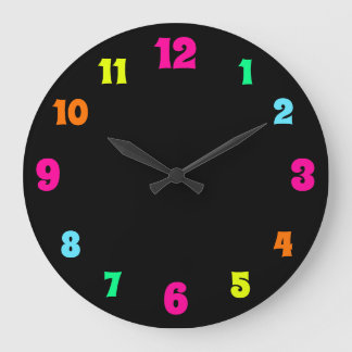 Glowing Neon Coloured Numbers on Black Large Clock
