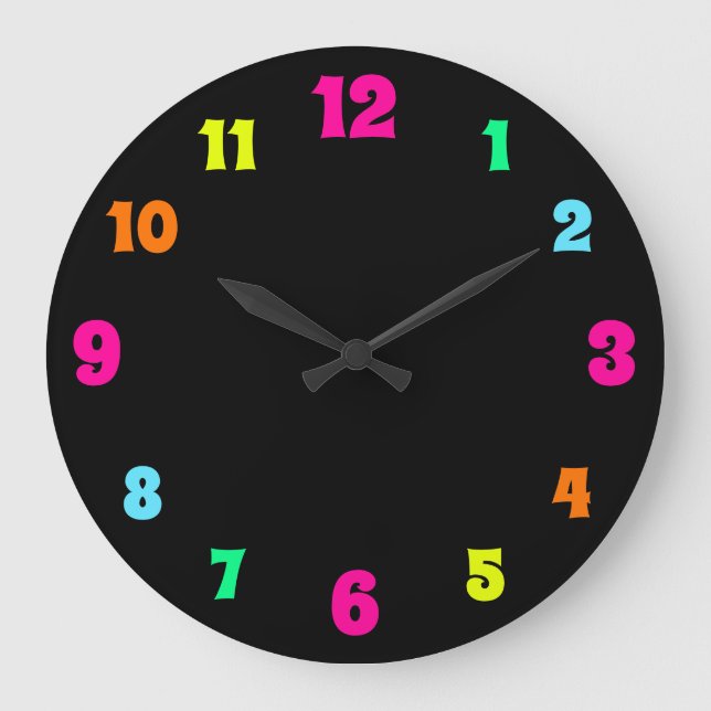 Glowing Neon Coloured Numbers on Black Large Clock (Front)