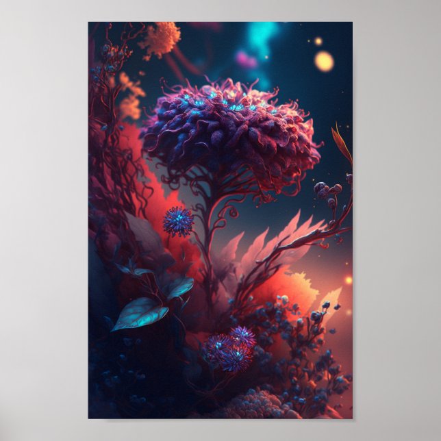 Glowing Neon Floral Fantasy Art Poster (Front)