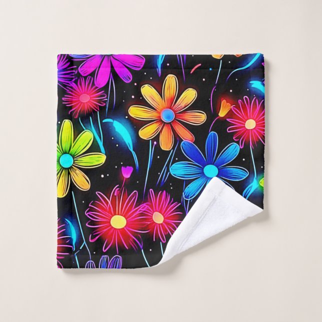 Glowing Neon Floral Pattern Bath Towel Set (Wash Cloth)