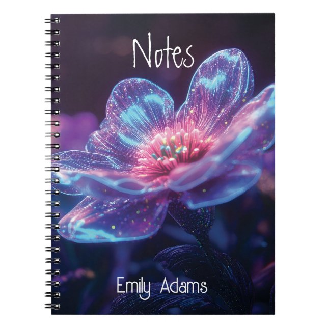 "Glowing Neon Flowers – Enchanting Cosmic Florals Notebook (Front)