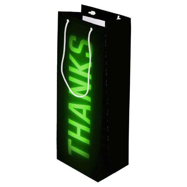 Glowing Neon Green Thanks Sign On Black Wine Gift Bag (Front Angled)