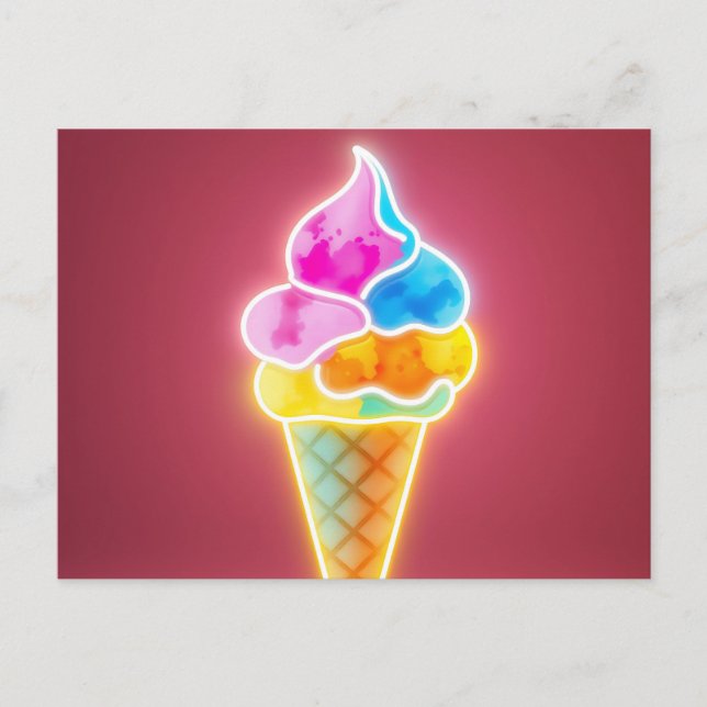 Glowing Neon Ice Cream Cone with Vibrant Scoops Postcard (Front)