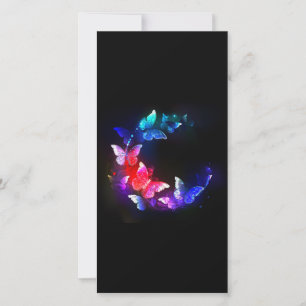 Glowing Neon Night Butterflies on Black background Announcement