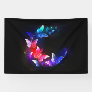 Glowing Neon Night Butterflies on Black background Banner