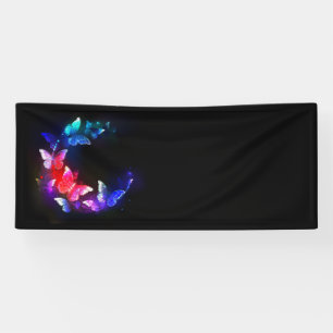 Glowing Neon Night Butterflies on Black background Banner