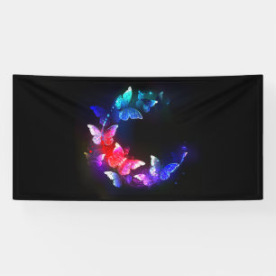 Glowing Neon Night Butterflies on Black background Banner