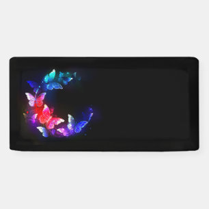 Glowing Neon Night Butterflies on Black background Banner