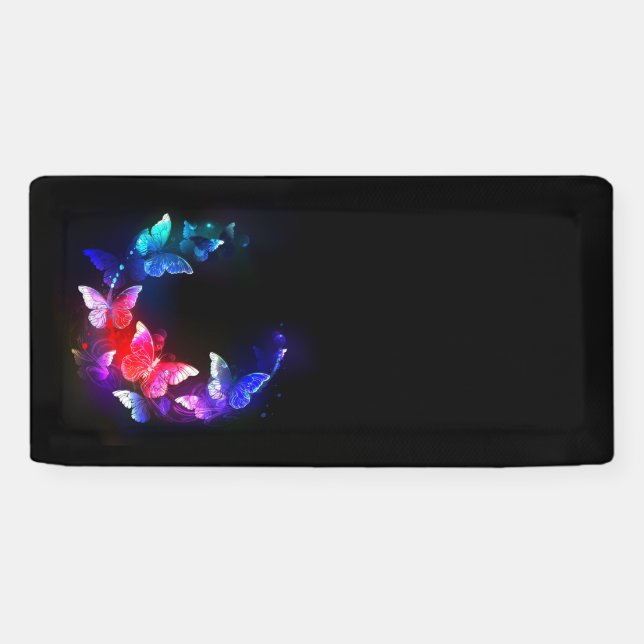 Glowing Neon Night Butterflies on Black background Banner (Horizontal)