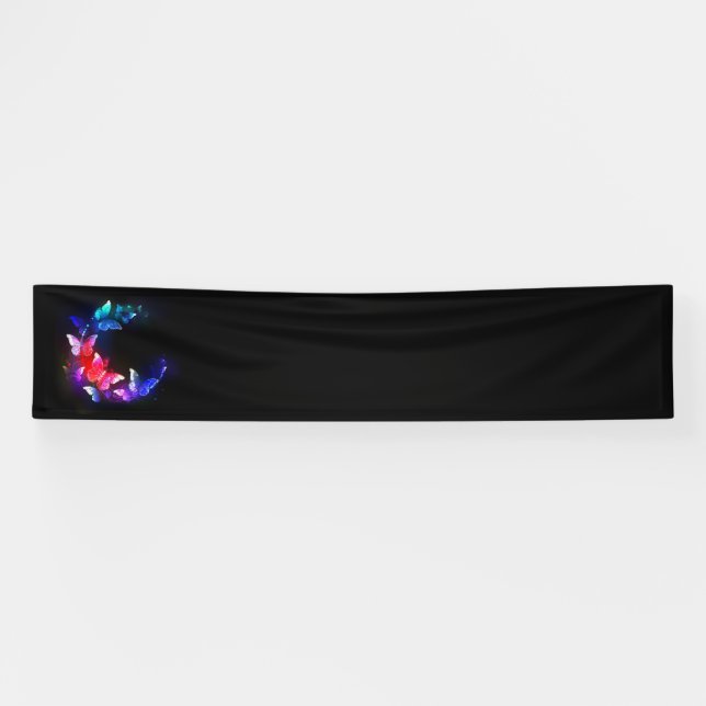 Glowing Neon Night Butterflies on Black background Banner (Horizontal)