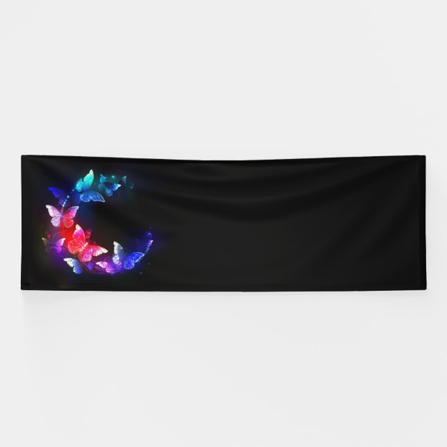 Glowing Neon Night Butterflies on Black background Banner (Horizontal)