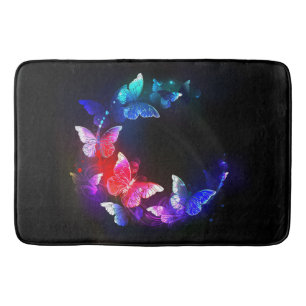 Glowing Neon Night Butterflies on Black background Bath Mat