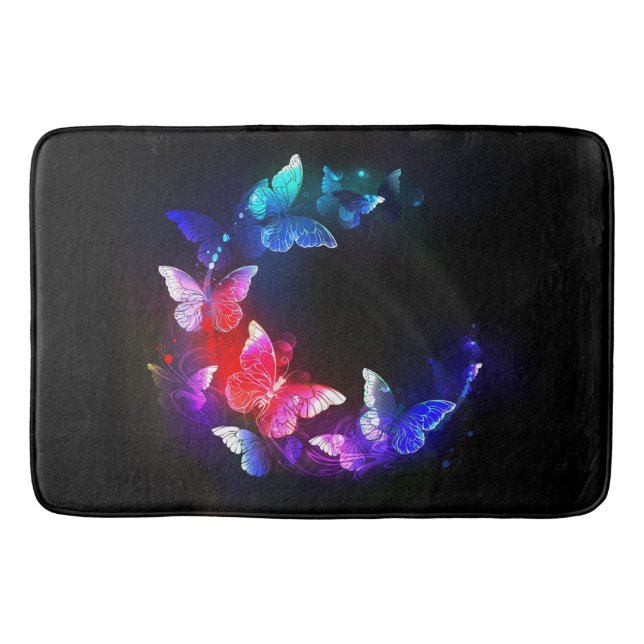 Glowing Neon Night Butterflies on Black background Bath Mat (Front)