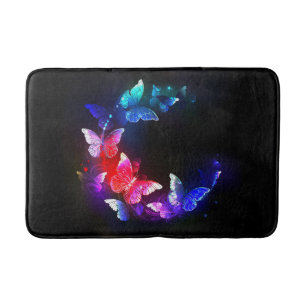 Glowing Neon Night Butterflies on Black background Bath Mat