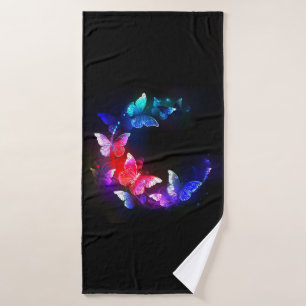 Glowing Neon Night Butterflies on Black background Bath Towel