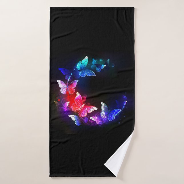 Glowing Neon Night Butterflies on Black background Bath Towel (Bath Towel)