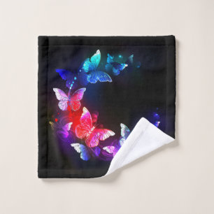 Glowing Neon Night Butterflies on Black background Bath Towel Set