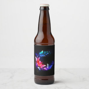 Glowing Neon Night Butterflies on Black background Beer Bottle Label