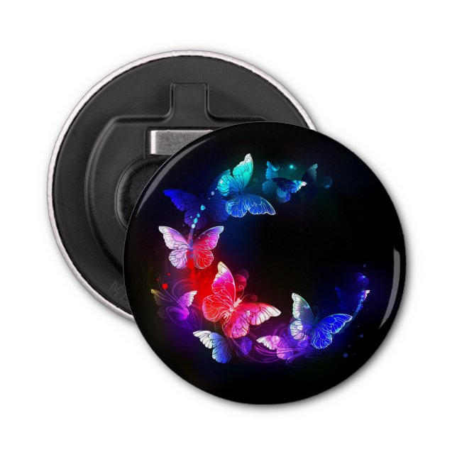 Glowing Neon Night Butterflies on Black background Bottle Opener (Front)