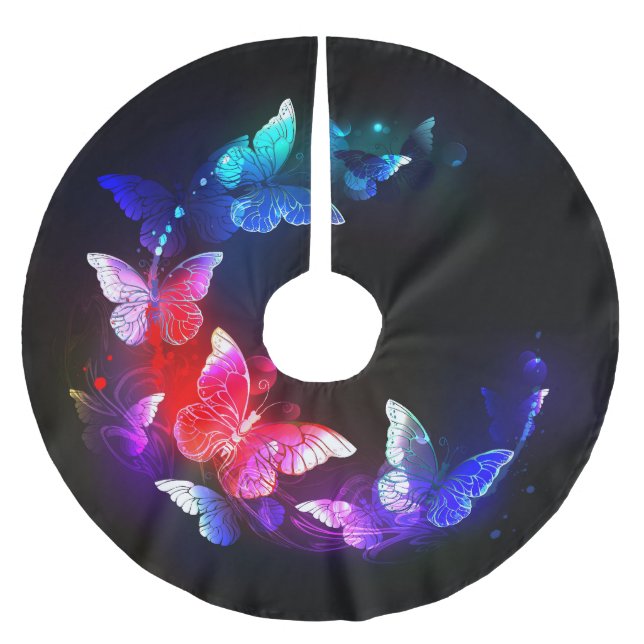 Glowing Neon Night Butterflies on Black background Brushed Polyester Tree Skirt (Front)