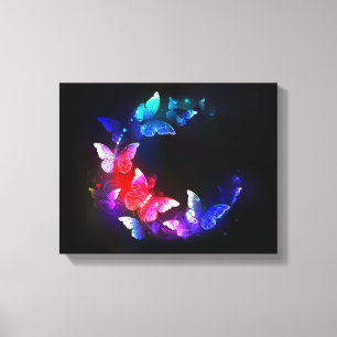 Glowing Neon Night Butterflies on Black background Canvas Print