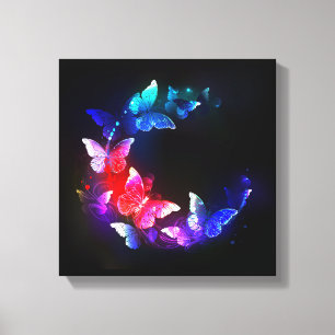Glowing Neon Night Butterflies on Black background Canvas Print