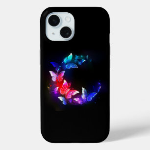 Glowing Neon Night Butterflies on Black background iPhone 15 Case