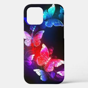 Glowing Neon Night Butterflies on Black background iPhone 12 Case