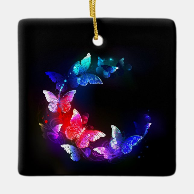 Glowing Neon Night Butterflies on Black background Ceramic Ornament (Front)