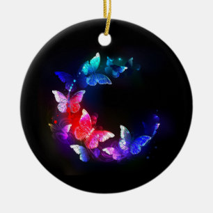 Glowing Neon Night Butterflies on Black background Ceramic Tree Decoration