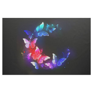 Glowing Neon Night Butterflies on Black background Fabric
