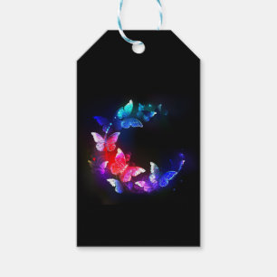 Glowing Neon Night Butterflies on Black background Gift Tags