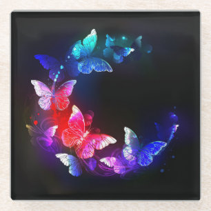 Glowing Neon Night Butterflies on Black background Glass Coaster