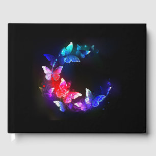 Glowing Neon Night Butterflies on Black background Guest Book