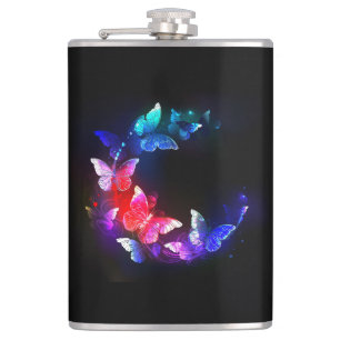 Glowing Neon Night Butterflies on Black background Hip Flask