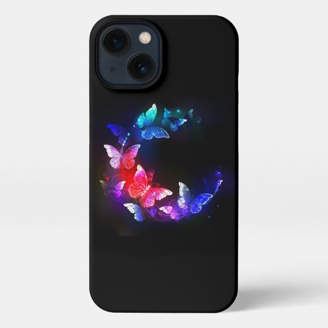 Glowing Neon Night Butterflies on Black background iPhone Case (Back)