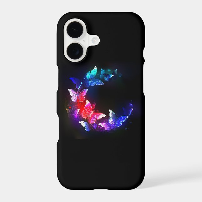 Glowing Neon Night Butterflies on Black background iPhone Case (Back)
