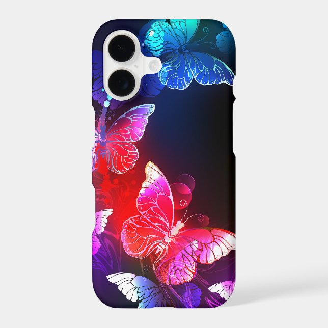 Glowing Neon Night Butterflies on Black background iPhone Case (Back)