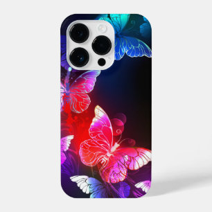 Glowing Neon Night Butterflies on Black background iPhone 14 Pro Case
