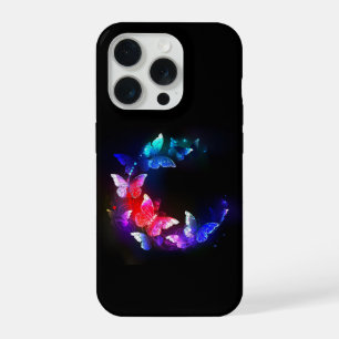 Glowing Neon Night Butterflies on Black background iPhone 15 Pro Case