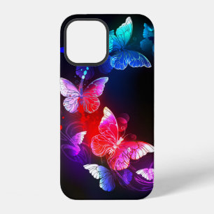 Glowing Neon Night Butterflies on Black background iPhone 12 Case