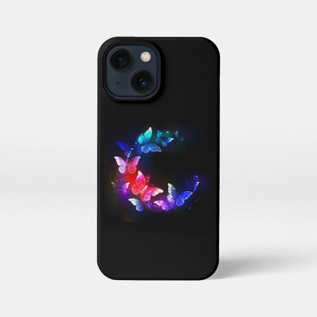 Glowing Neon Night Butterflies on Black background iPhone Case (Back)